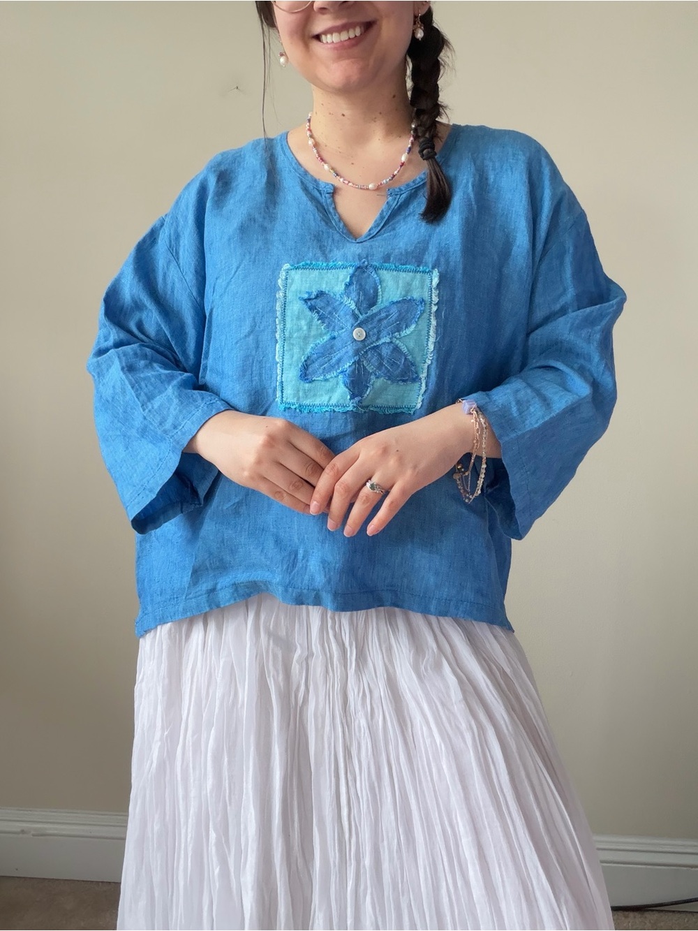 Vintage Blue Linen V-Neck Top with Funky Flower Appliqué